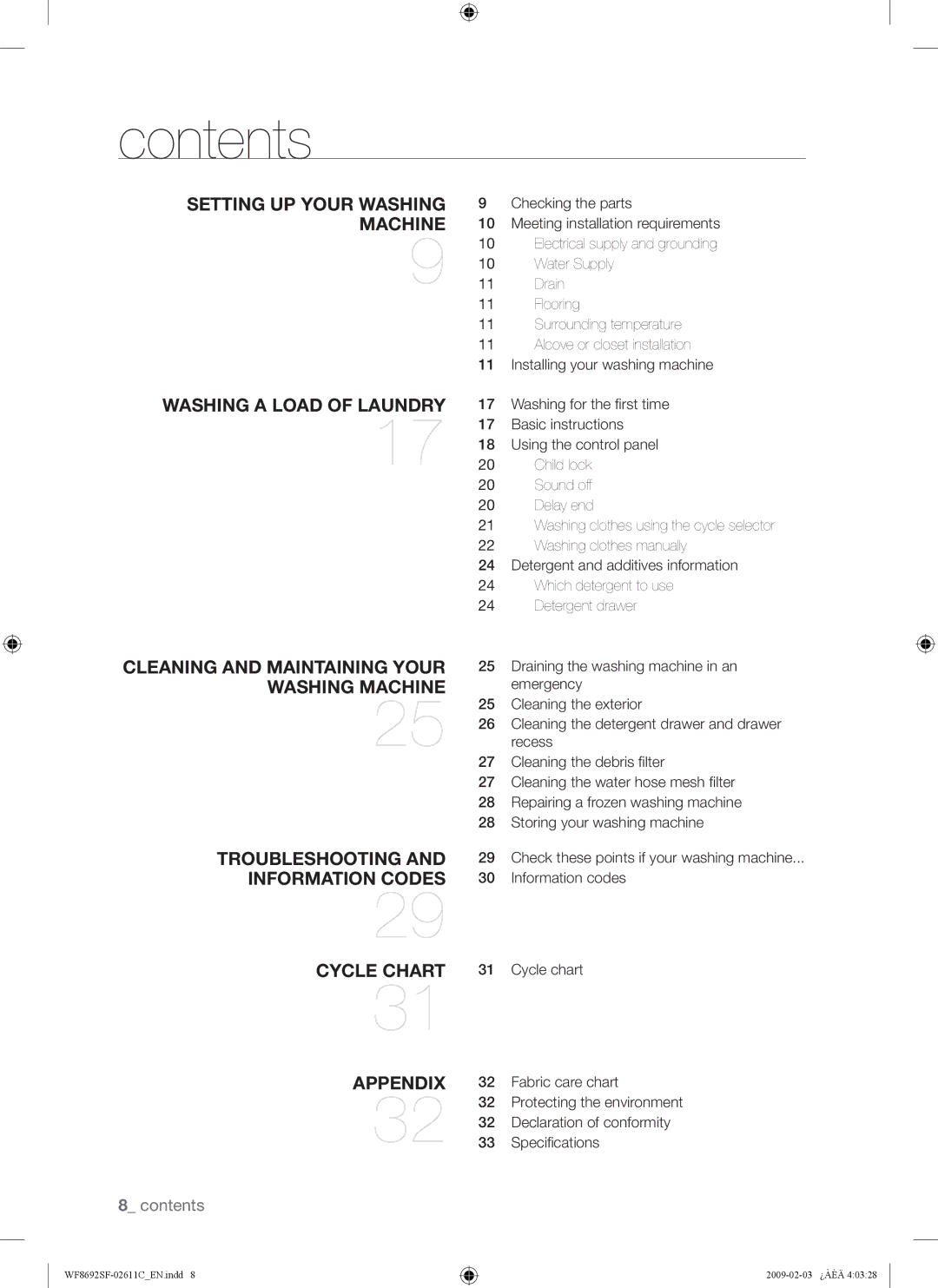 Samsung WF8692SFU/XSG, WF8692SFV/XSG manual Contents 