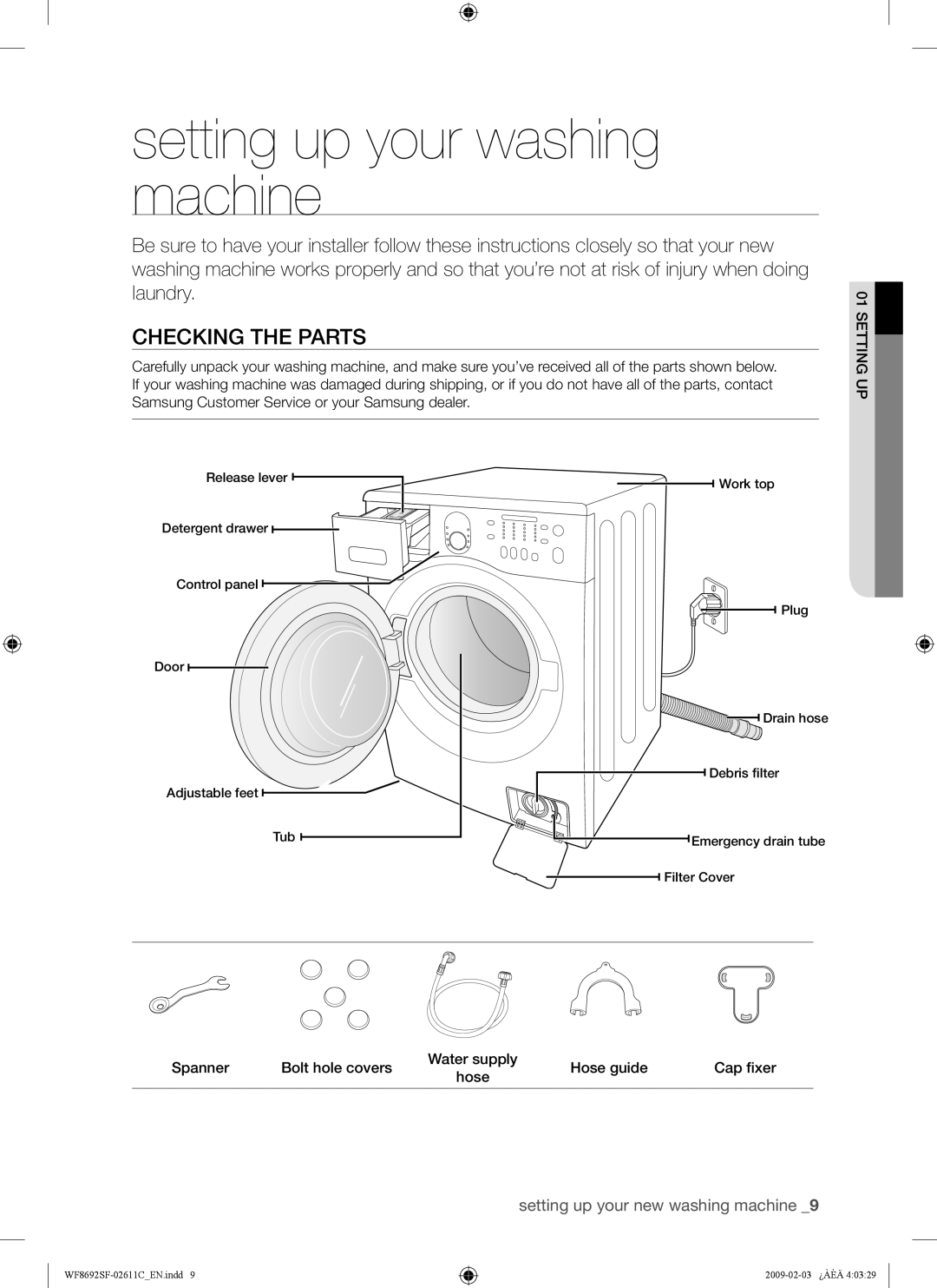 Samsung WF8692SFV/XSG, WF8692SFU/XSG manual Setting up your washing machine, Checking the Parts 