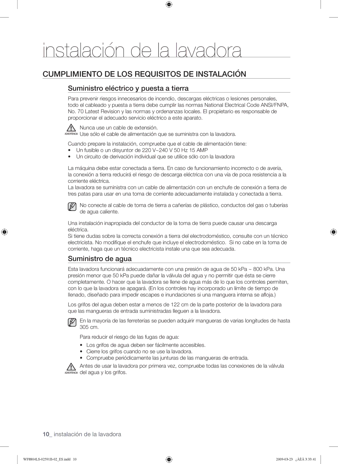 Samsung WF8700LSW/XEC, WF8700LSW/XET Cumplimiento DE LOS Requisitos DE Instalación, Suministro eléctrico y puesta a tierra 