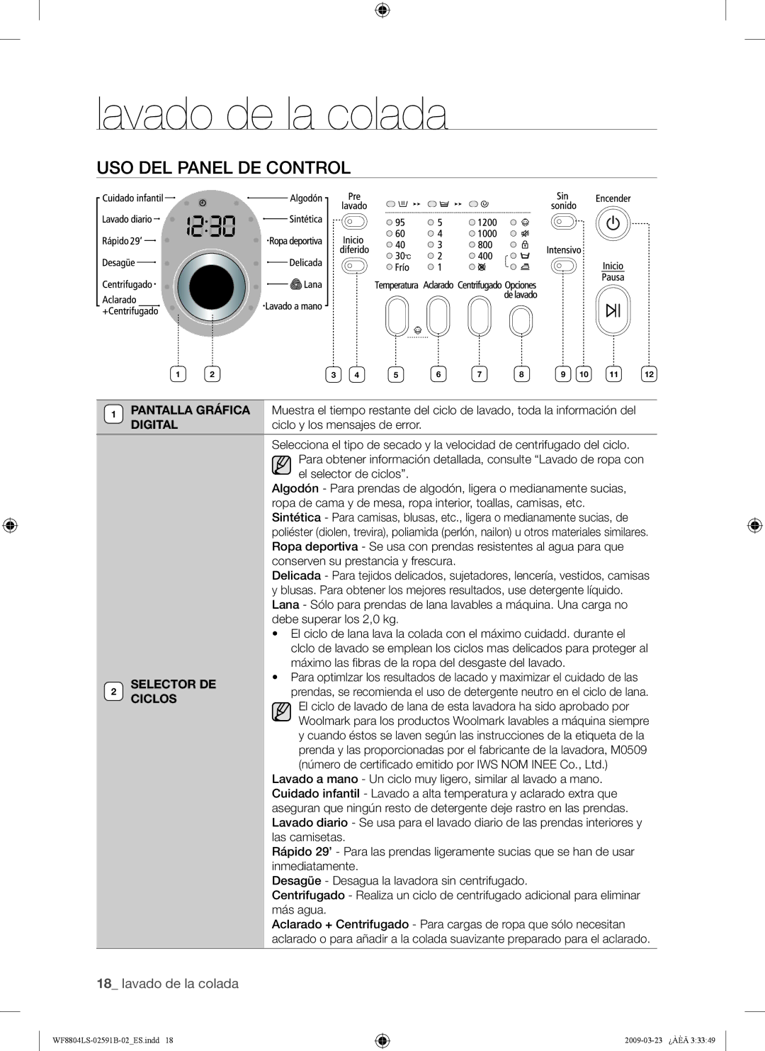 Samsung WF8700LSW/XET, WF8800LSW1/XEC, WF8800LSW/XEC, WF8800LSW/XEP, WF8700LSW/XEC manual USO DEL Panel DE Control, Selector DE 