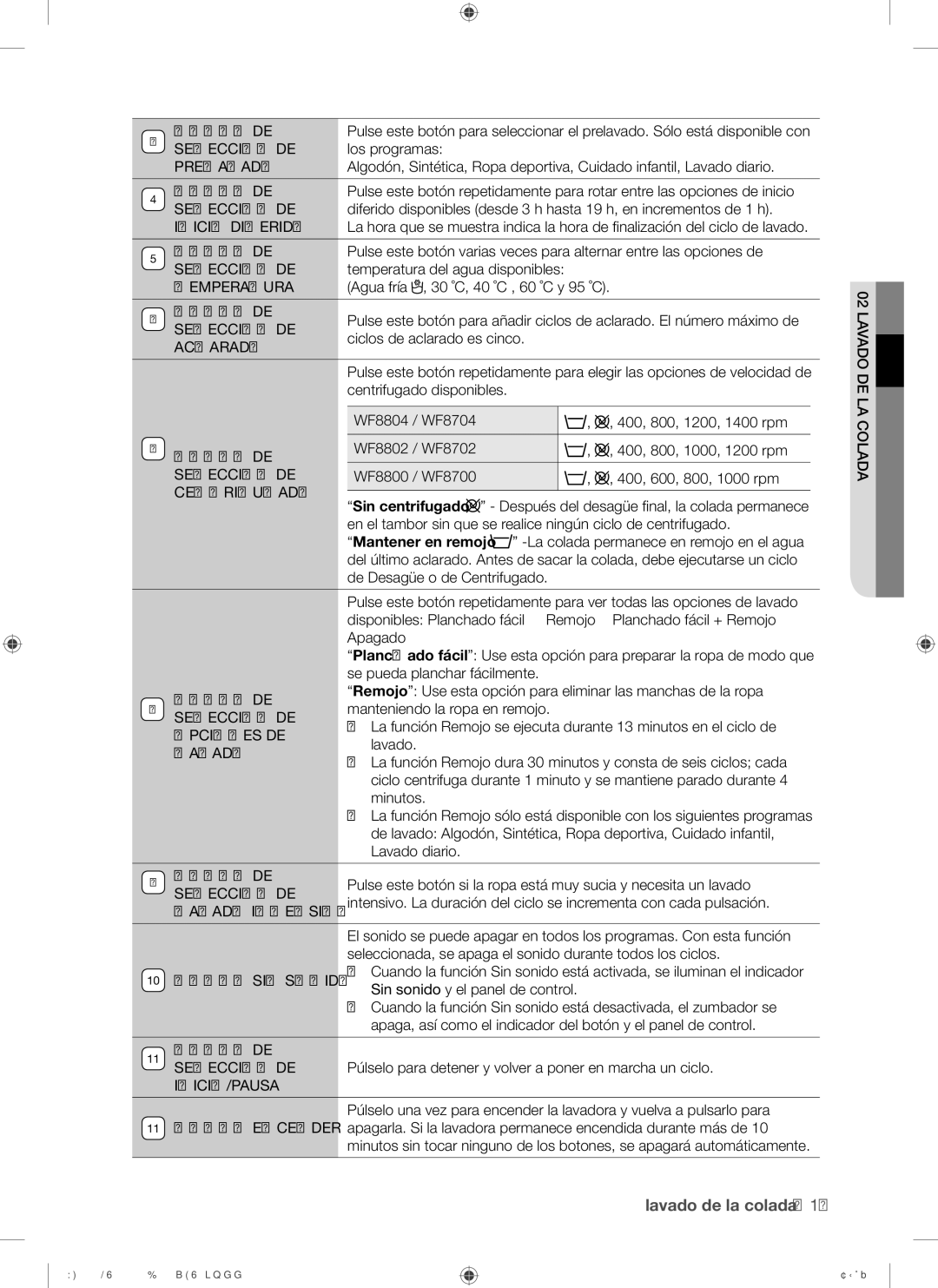 Samsung WF8800LSW1/XEC, WF8700LSW/XET, WF8800LSW/XEC, WF8800LSW/XEP, WF8700LSW/XEC, WF8800LSW1/XEP manual Botón DE 