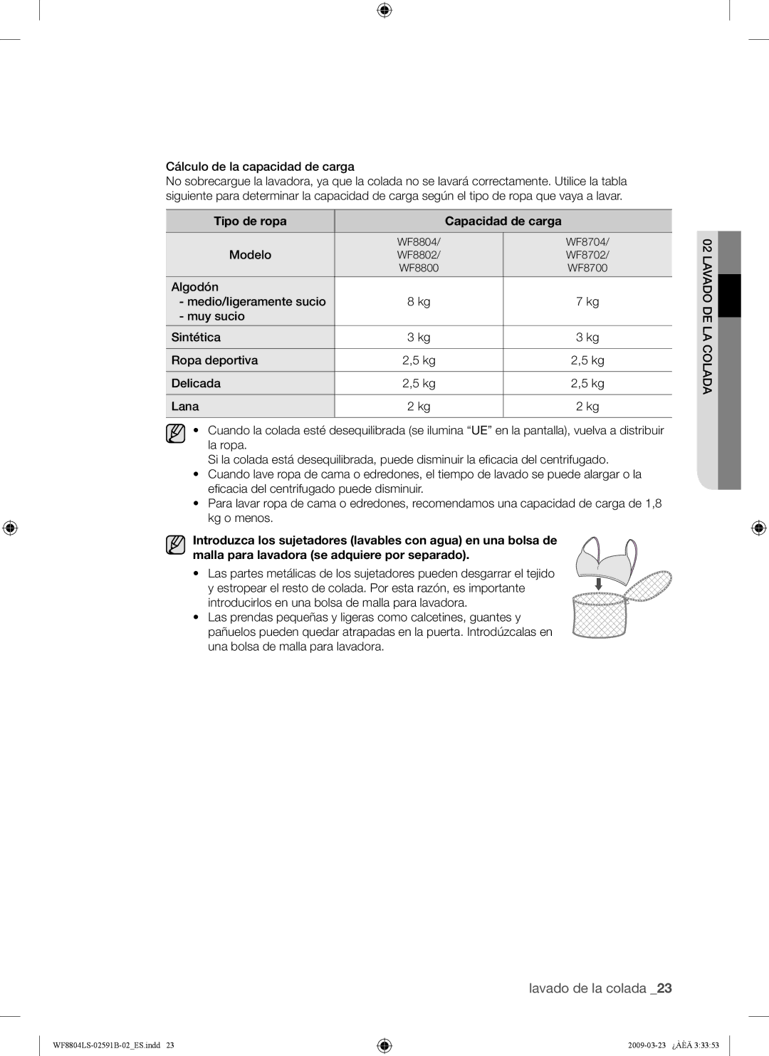 Samsung WF8800LSW1/XEP, WF8700LSW/XET, WF8800LSW1/XEC, WF8800LSW/XEC, WF8800LSW/XEP manual Tipo de ropa Capacidad de carga 