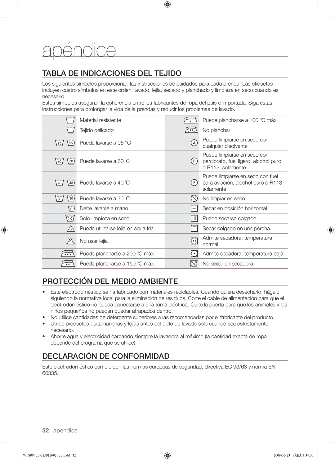 Samsung WF8800LSW/XEC, WF8700LSW/XET manual Apéndice, Tabla DE Indicaciones DEL Tejido, Protección DEL Medio Ambiente 