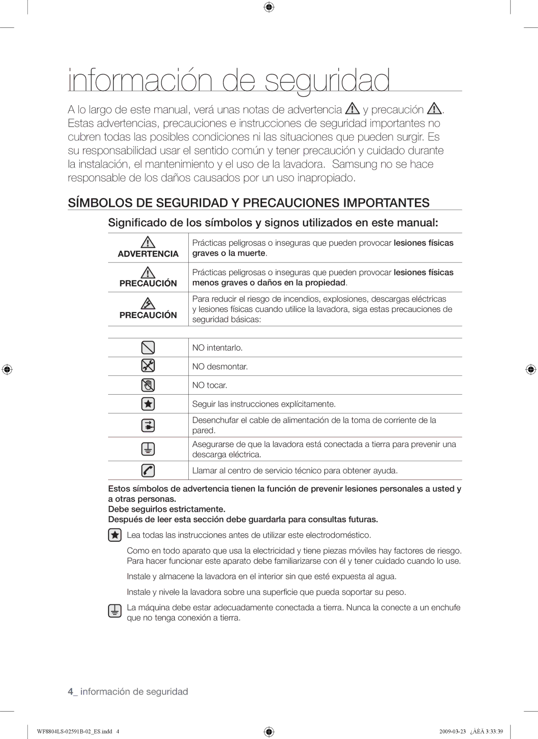 Samsung WF8700LSW/XEC, WF8700LSW/XET manual Información de seguridad, Símbolos DE Seguridad Y Precauciones Importantes 