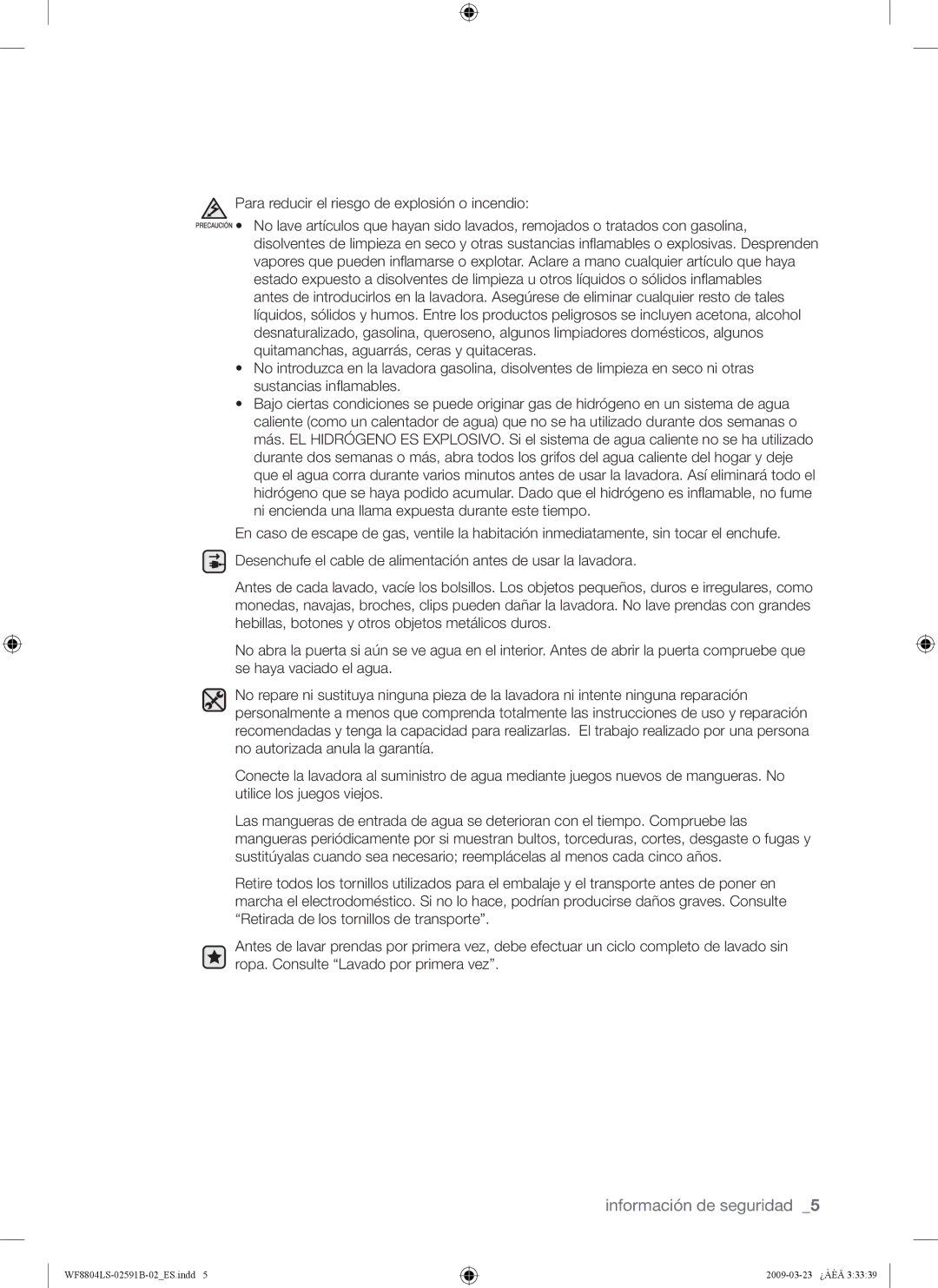 Samsung WF8800LSW1/XEP, WF8700LSW/XET, WF8800LSW1/XEC, WF8800LSW/XEC manual Para reducir el riesgo de explosión o incendio 