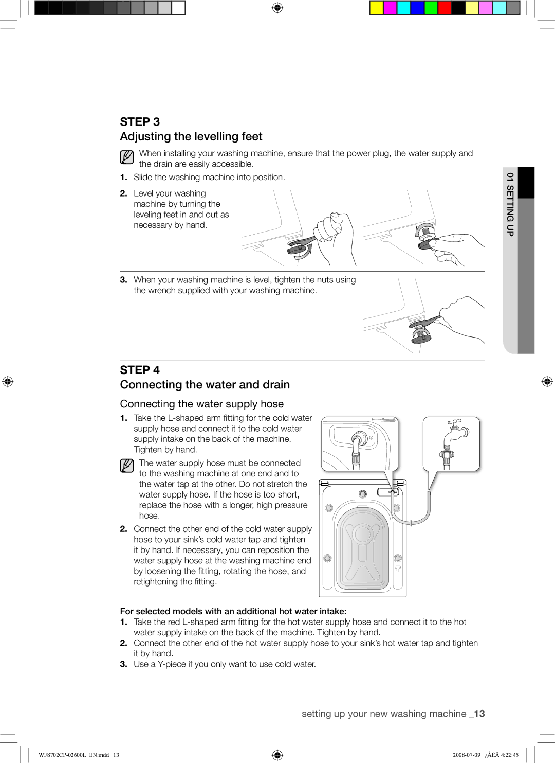 Samsung WF8702CPH/XSG, WF8702CPH/YL manual Adjusting the levelling feet, Connecting the water and drain 