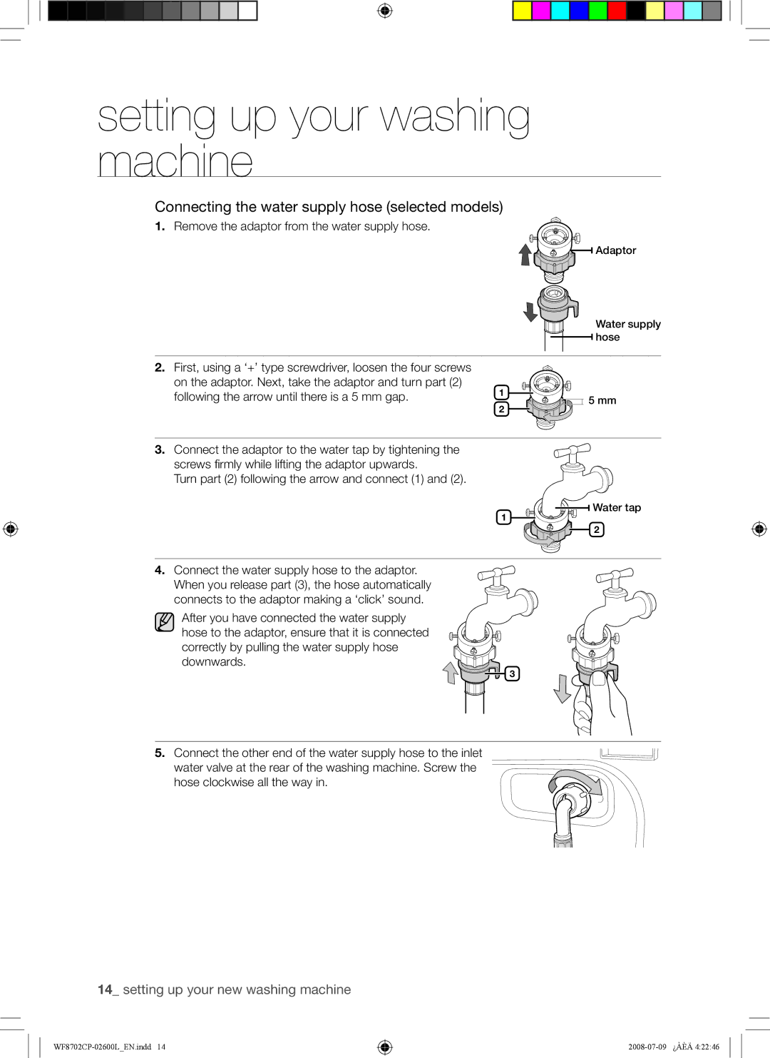 Samsung WF8702CPH/YL, WF8702CPH/XSG manual Connecting the water supply hose selected models 