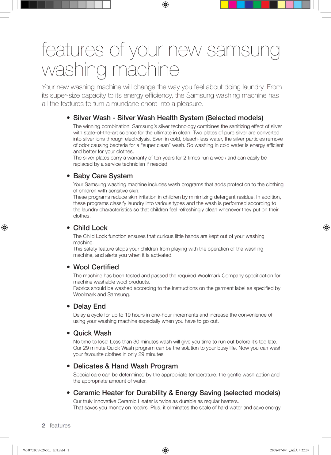 Samsung WF8702CPH/YL, WF8702CPH/XSG manual Features of your new samsung washing machine 