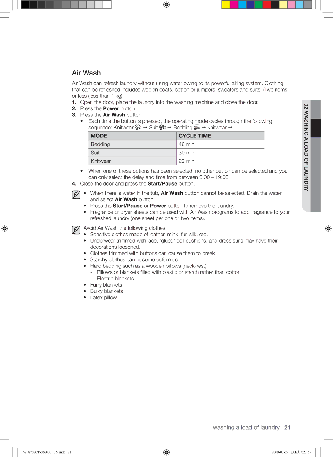 Samsung WF8702CPH/XSG, WF8702CPH/YL manual Air Wash, Mode Cycle Time 