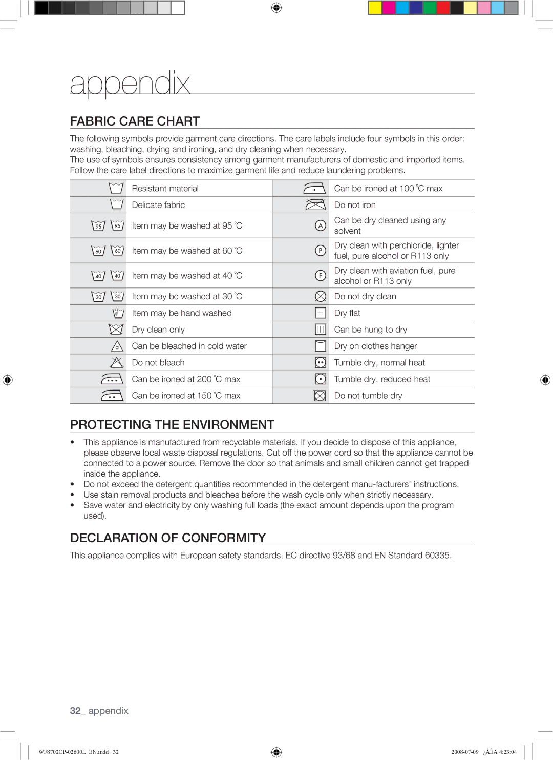 Samsung WF8702CPH/YL, WF8702CPH/XSG Appendix, Fabric Care Chart, Protecting the Environment, Declaration of Conformity 