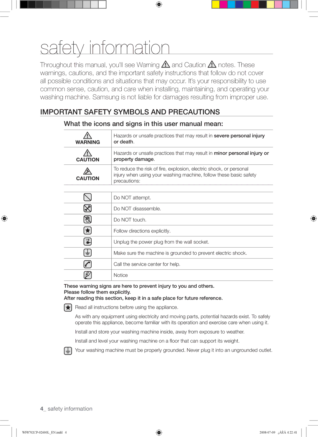 Samsung WF8702CPH/YL, WF8702CPH/XSG manual Safety information, Important Safety Symbols and Precautions 