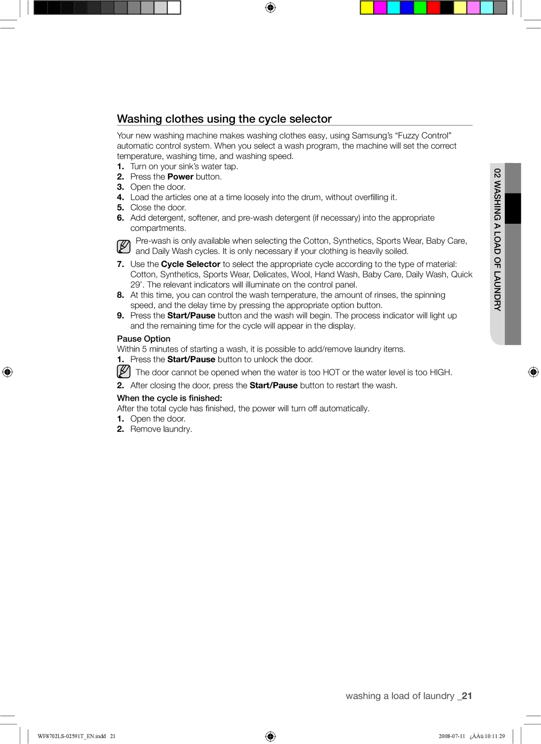 Samsung WF8702LSW1/XSG, WF8702LSW/XSG manual Washing clothes using the cycle selector 