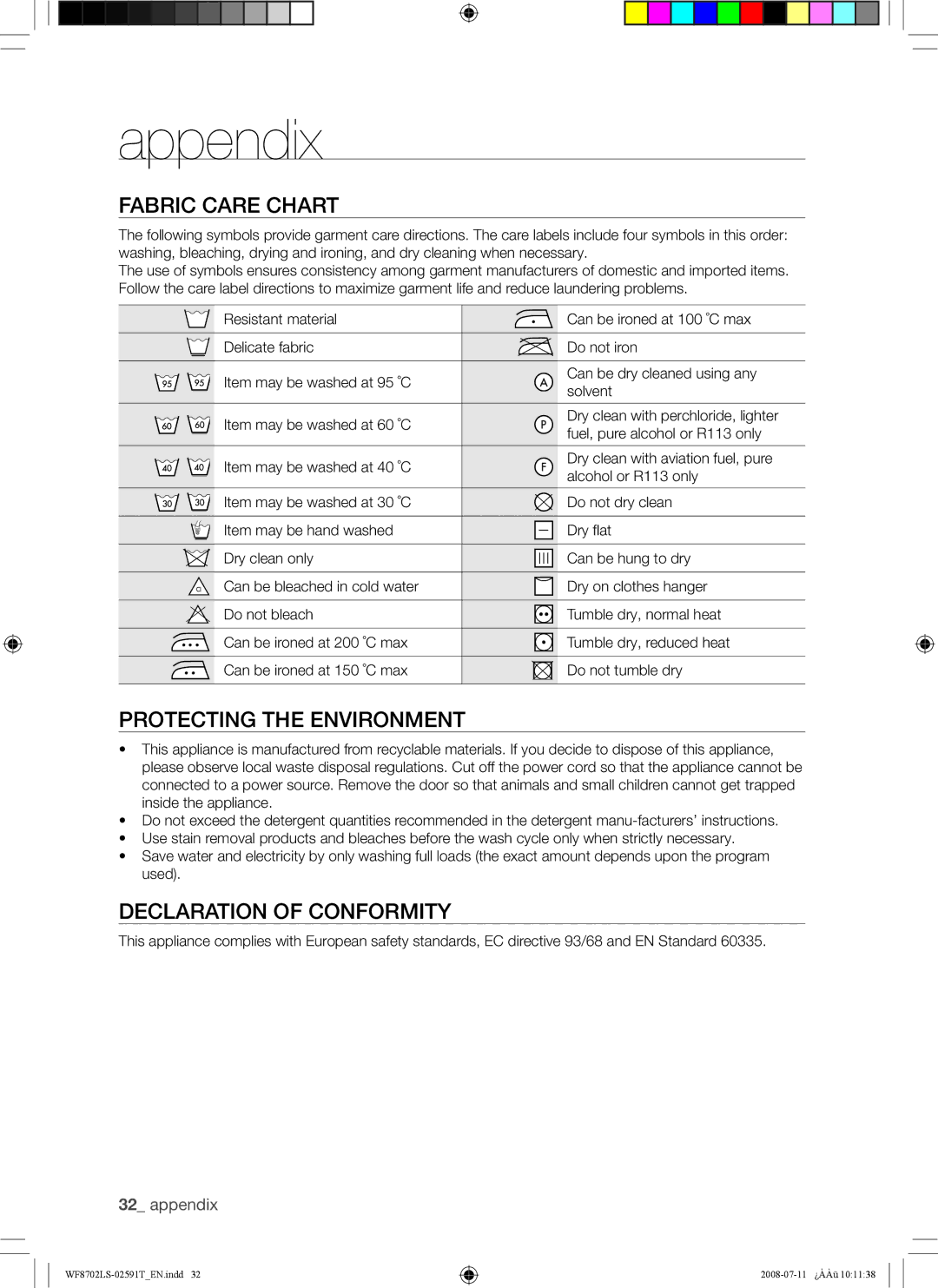 Samsung WF8702LSW/XSG, WF8702LSW1/XSG Appendix, Fabric Care Chart, Protecting the Environment, Declaration of Conformity 