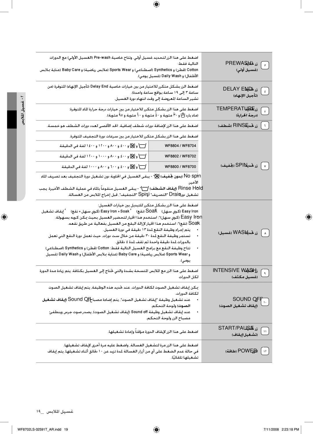 Samsung WF8702LSW1/XSG Prewash ديدتح رز, يلوأ ليسغ, ءاهنلإا ليجأت, ةرارلحا ةجرد, فثكم ليسغ, Sound OFF رز, فاقيإ/ليغشت 