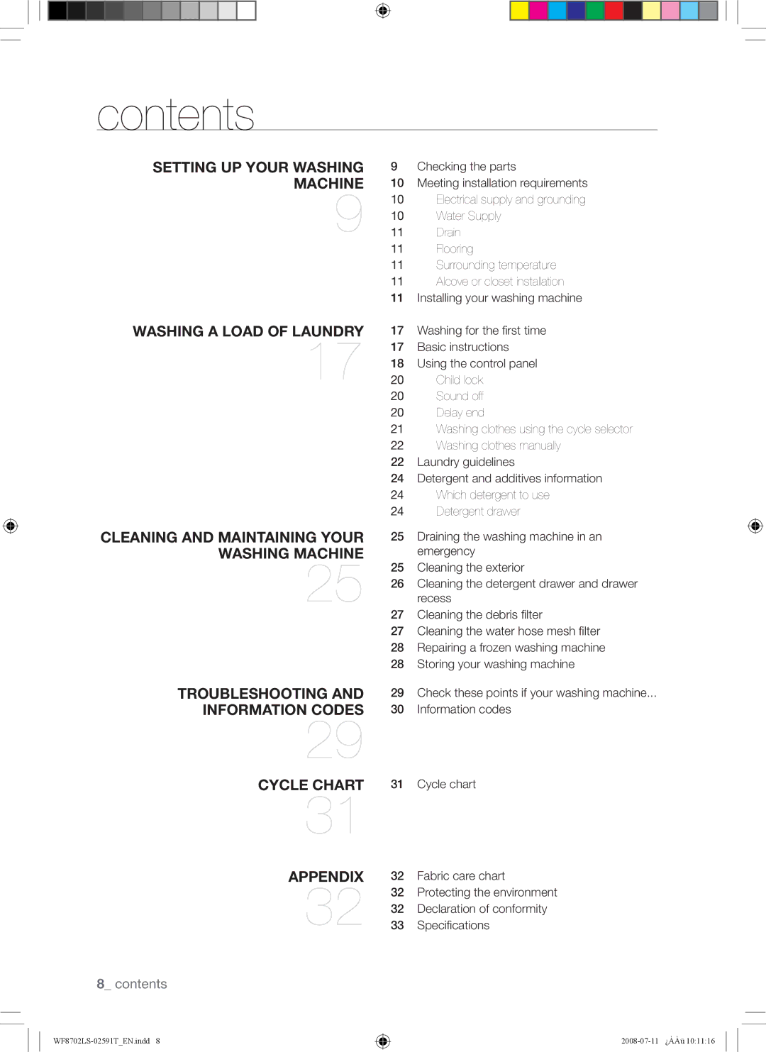 Samsung WF8702LSW/XSG, WF8702LSW1/XSG manual Contents 