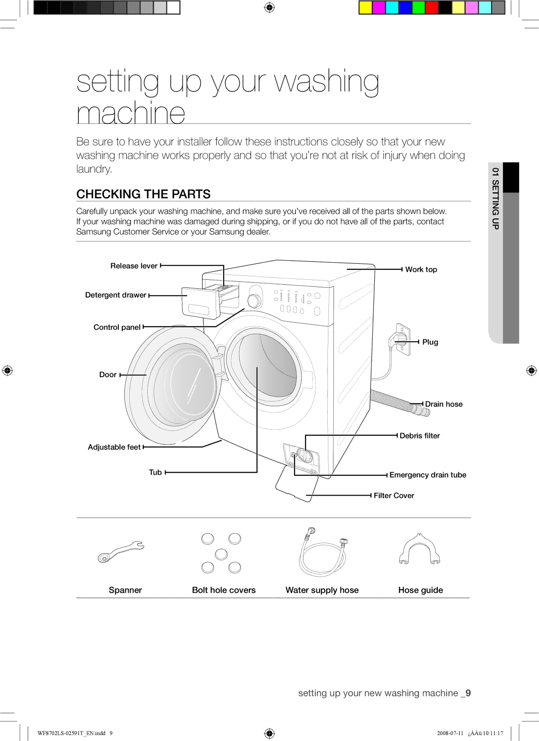 Samsung WF8702LSW1/XSG, WF8702LSW/XSG manual Setting up your washing machine, Checking the Parts 