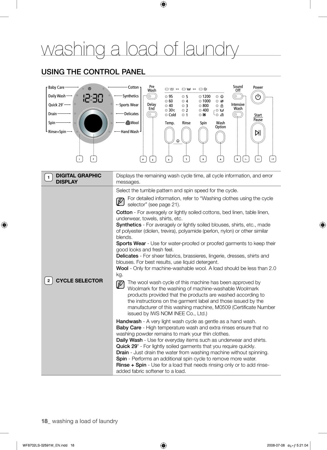 Samsung WF8702LSW/XSG, WF8702LSW/YL manual Using the Control Panel, Wool wash cycle of this machine has been approved by 