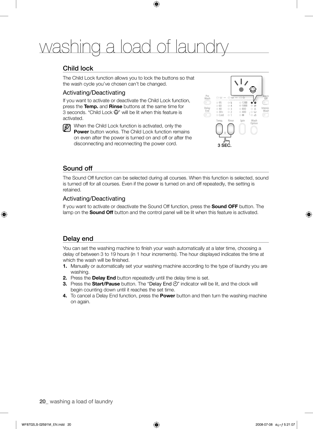 Samsung WF8702LSW/XSG, WF8702LSW/YL manual Sound off, Activating/Deactivating 