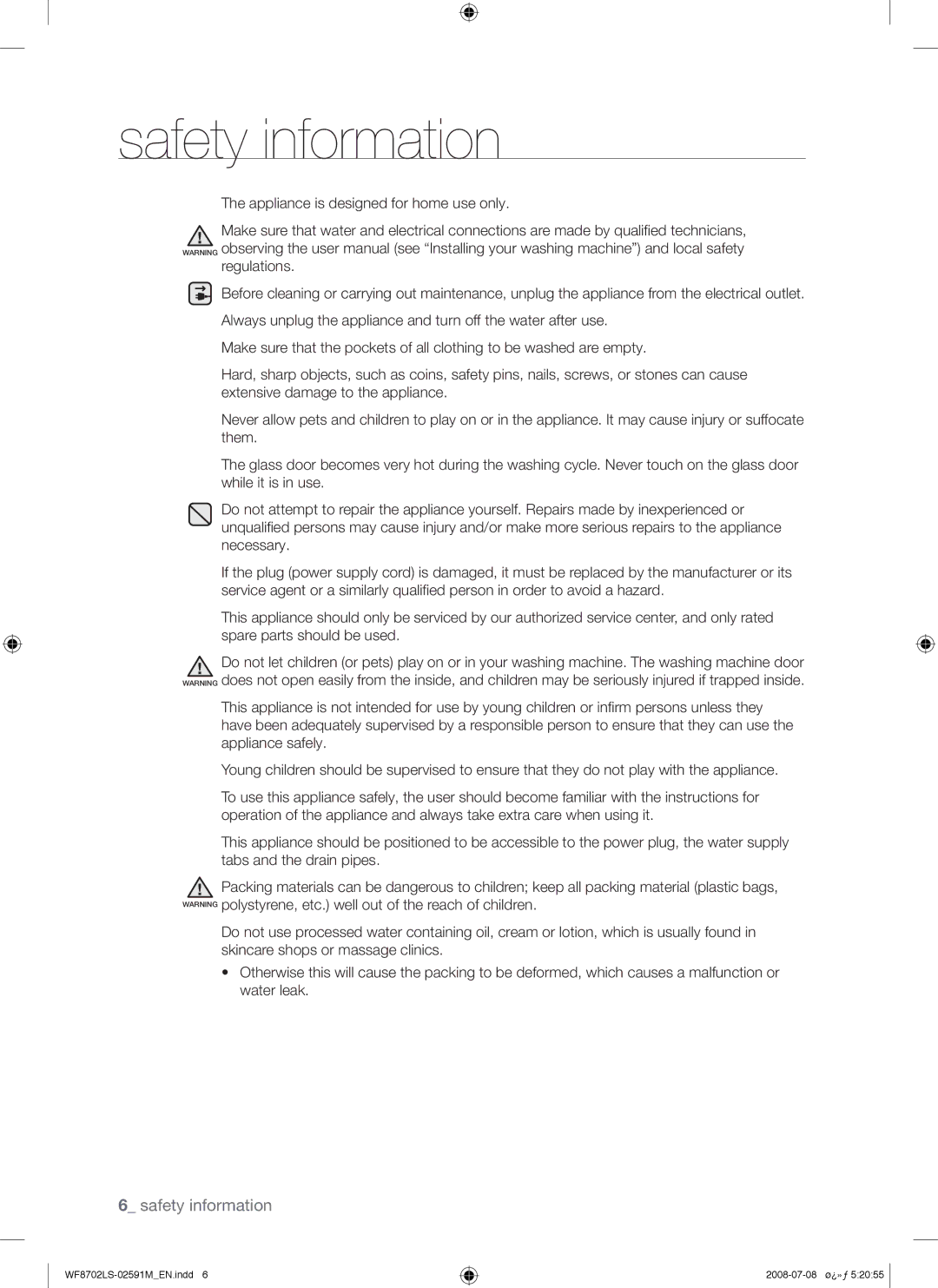 Samsung WF8702LSW/XSG, WF8702LSW/YL manual Safety information 