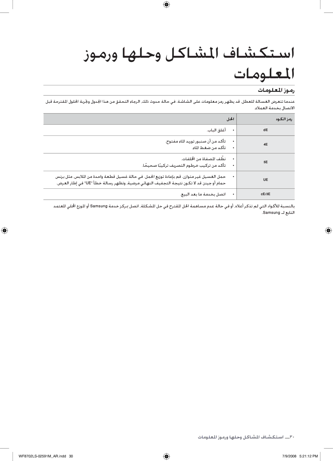 Samsung WF8702LSW/XSG, WF8702LSW/YL manual تامولعلما زومر, للحا دوكلا زمر بابلا قلغأ 