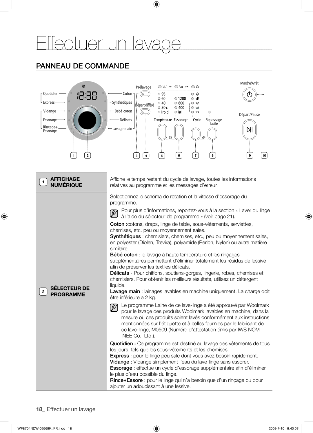 Samsung WF8702NDW/XEF manual Panneau DE Commande, Affichage, Numérique, Sélecteur DE, Programme 