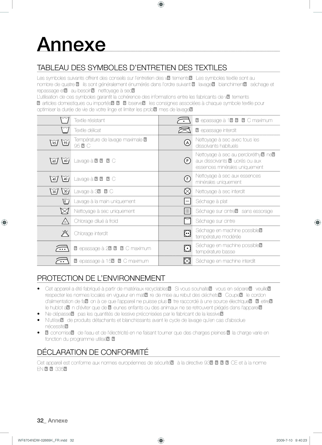 Samsung WF8702NDW/XEF manual Annexe, Tableau DES Symboles D’ENTRETIEN DES Textiles, Protection DE L’ENVIRONNEMENT 