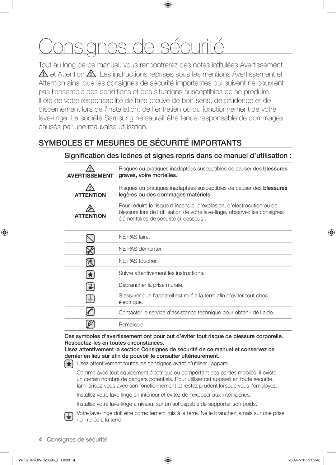 Samsung WF8702NDW/XEF manual Consignes de sécurité, Symboles ET Mesures DE Sécurité Importants, Avertissement 