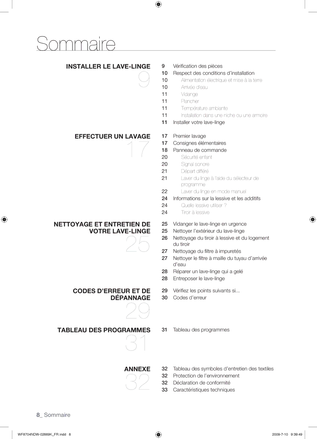 Samsung WF8702NDW/XEF manual Sommaire, Installer LE LAVE-LINGE 
