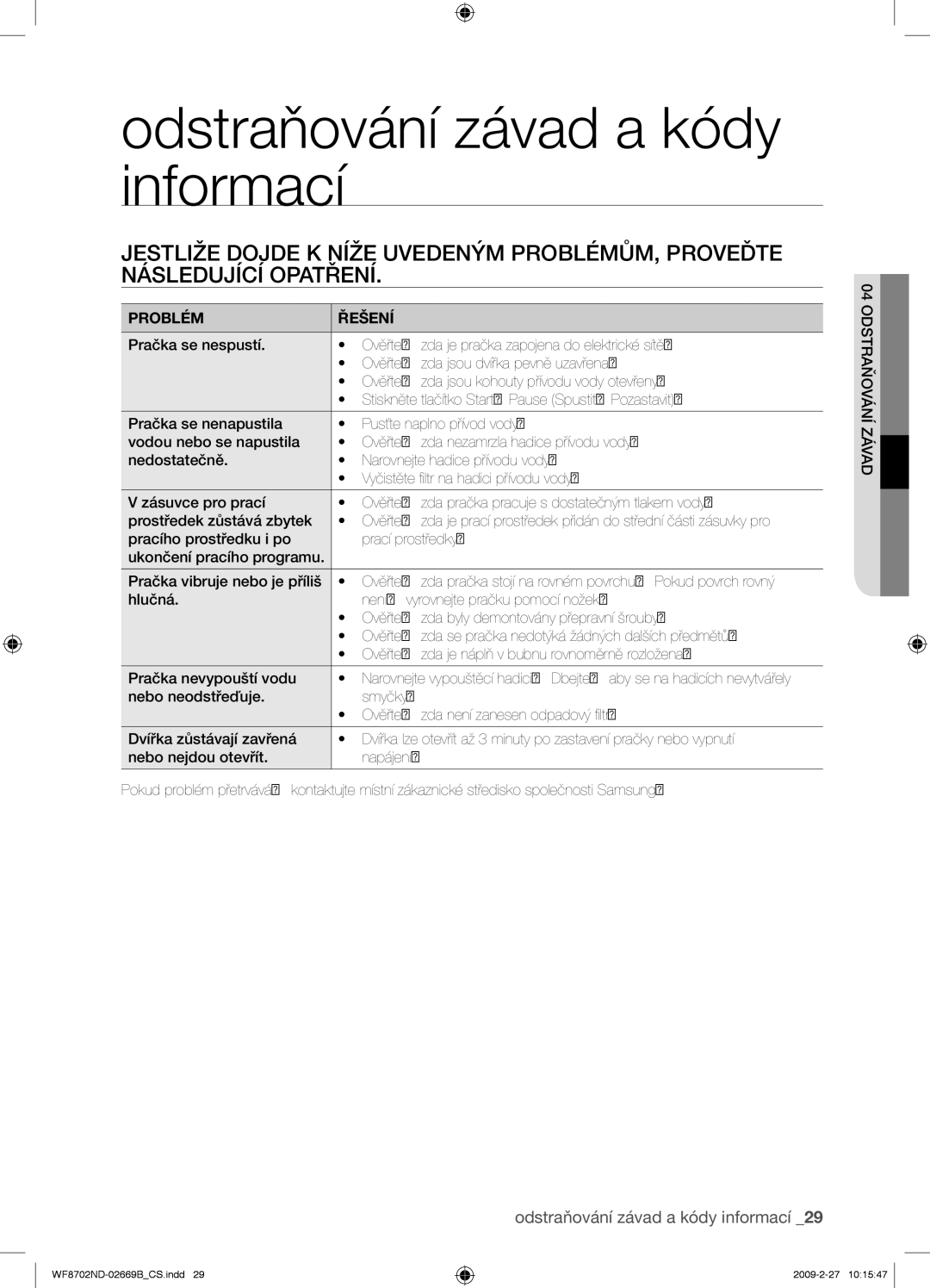 Samsung WF8702NDW/XEH manual Odstraňování závad a kódy informací, Problém Řešení 