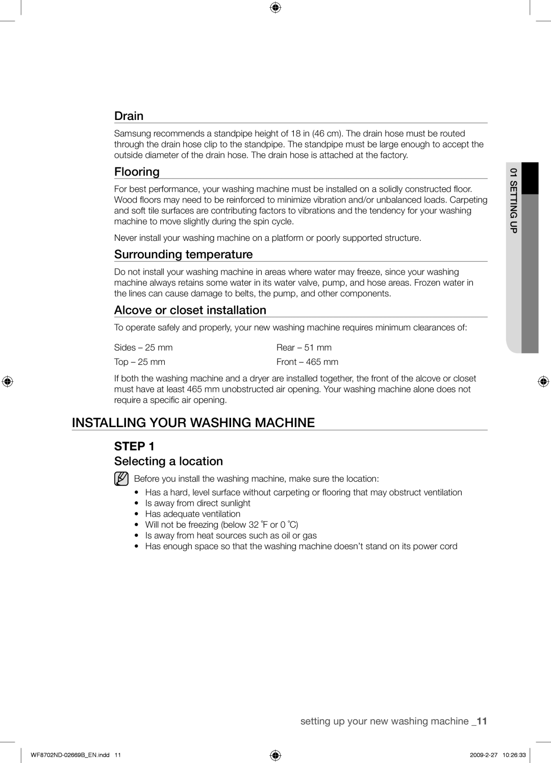 Samsung WF8702NDW/XEH manual Installing Your Washing Machine 