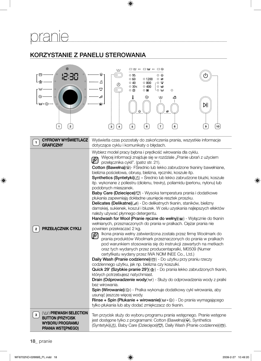 Samsung WF8702NDW/XEH manual Korzystanie Z Panelu Sterowania, Przełącznik Cykli 