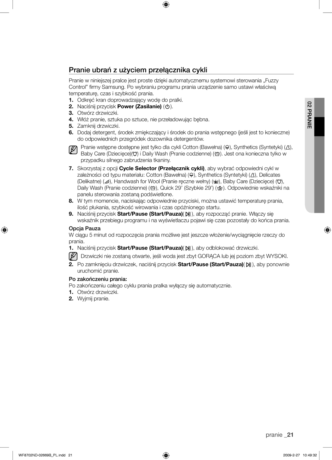 Samsung WF8702NDW/XEH manual Pranie ubrań z użyciem przełącznika cykli 