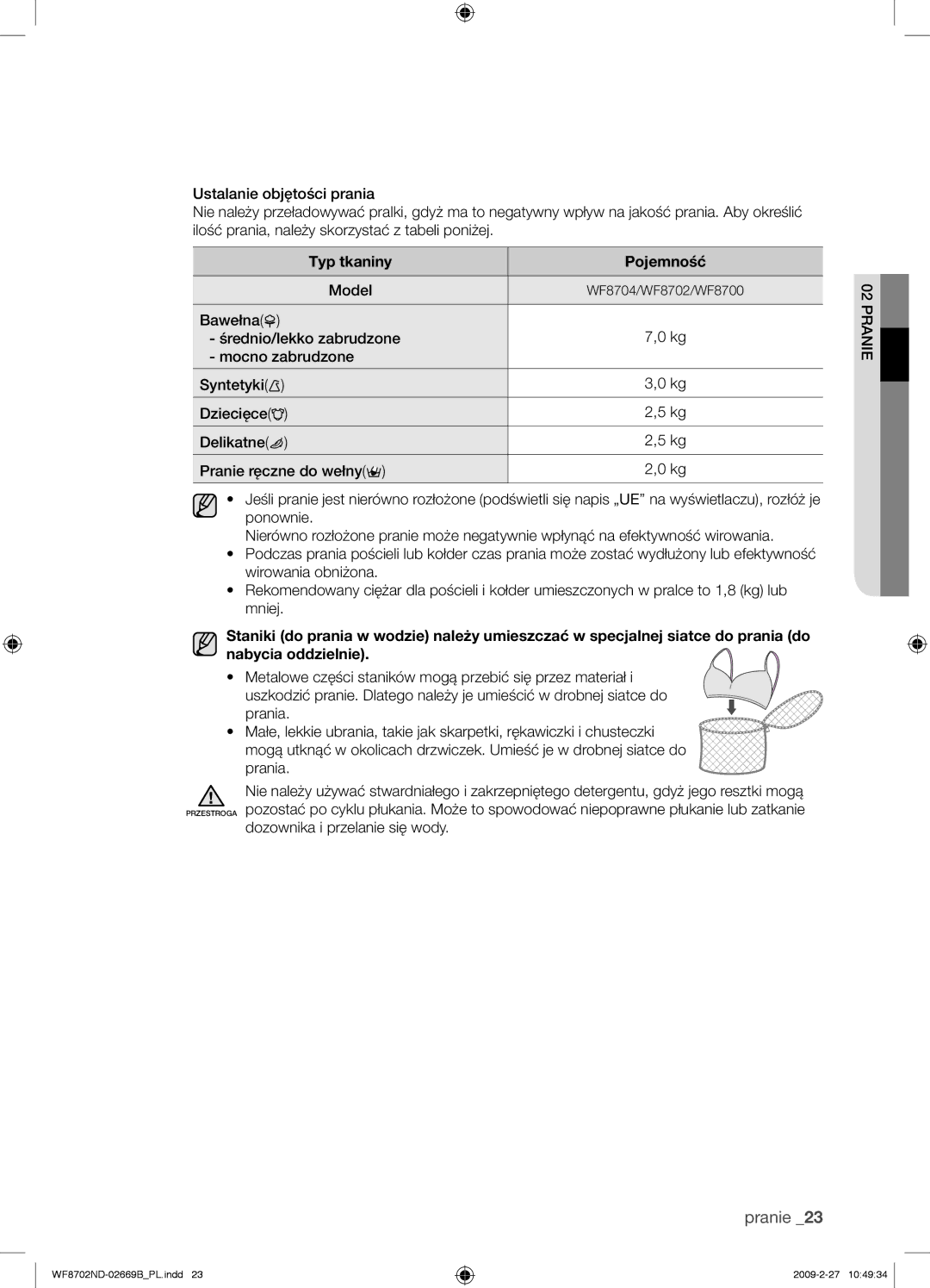 Samsung WF8702NDW/XEH manual Typ tkaniny Pojemność, Prania 