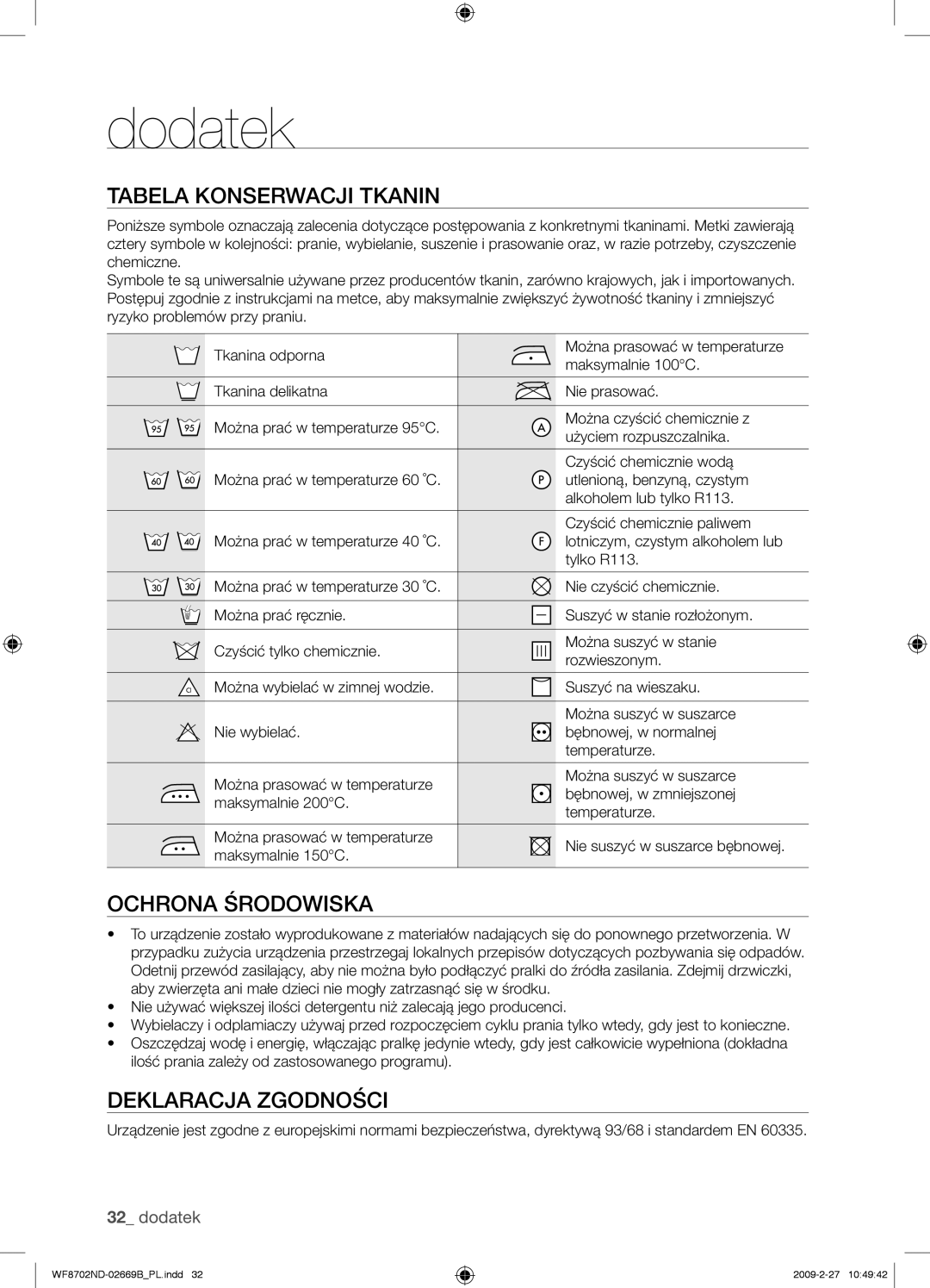 Samsung WF8702NDW/XEH manual Tabela Konserwacji Tkanin, Ochrona Środowiska, Deklaracja Zgodności 