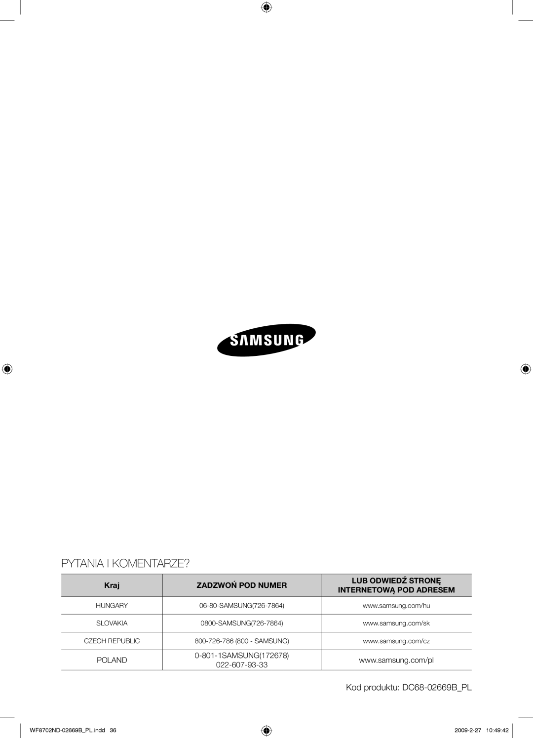 Samsung WF8702NDW/XEH manual Pytania I KOMENTARZE? 