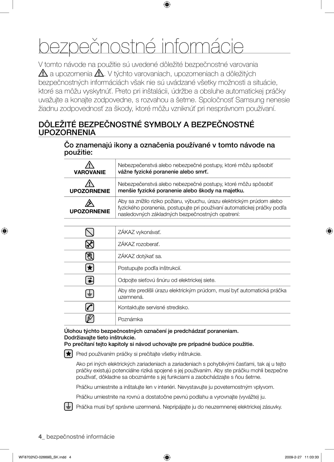 Samsung WF8702NDW/XEH manual Bezpečnostné informácie, Dôležité Bezpečnostné Symboly a Bezpečnostné Upozornenia, Varovanie 