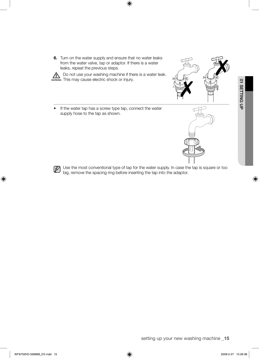 Samsung WF8702NDW/XEH manual Setting up your new washing machine 