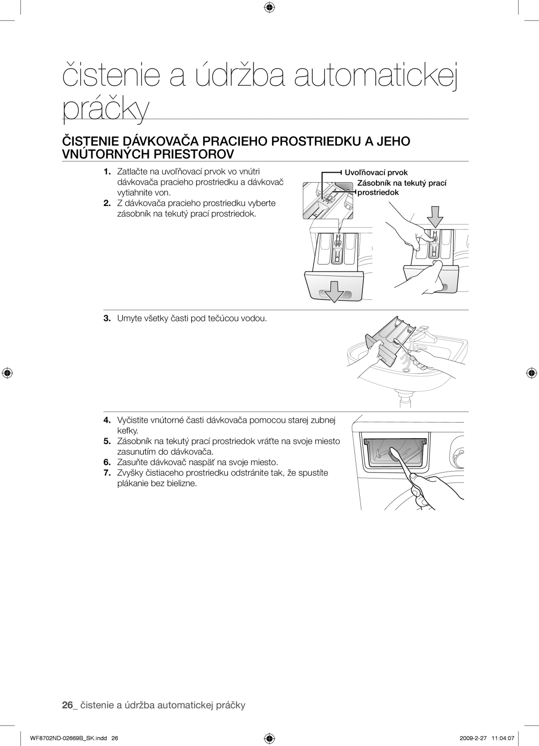 Samsung WF8702NDW/XEH manual 26 čistenie a údržba automatickej práčky 