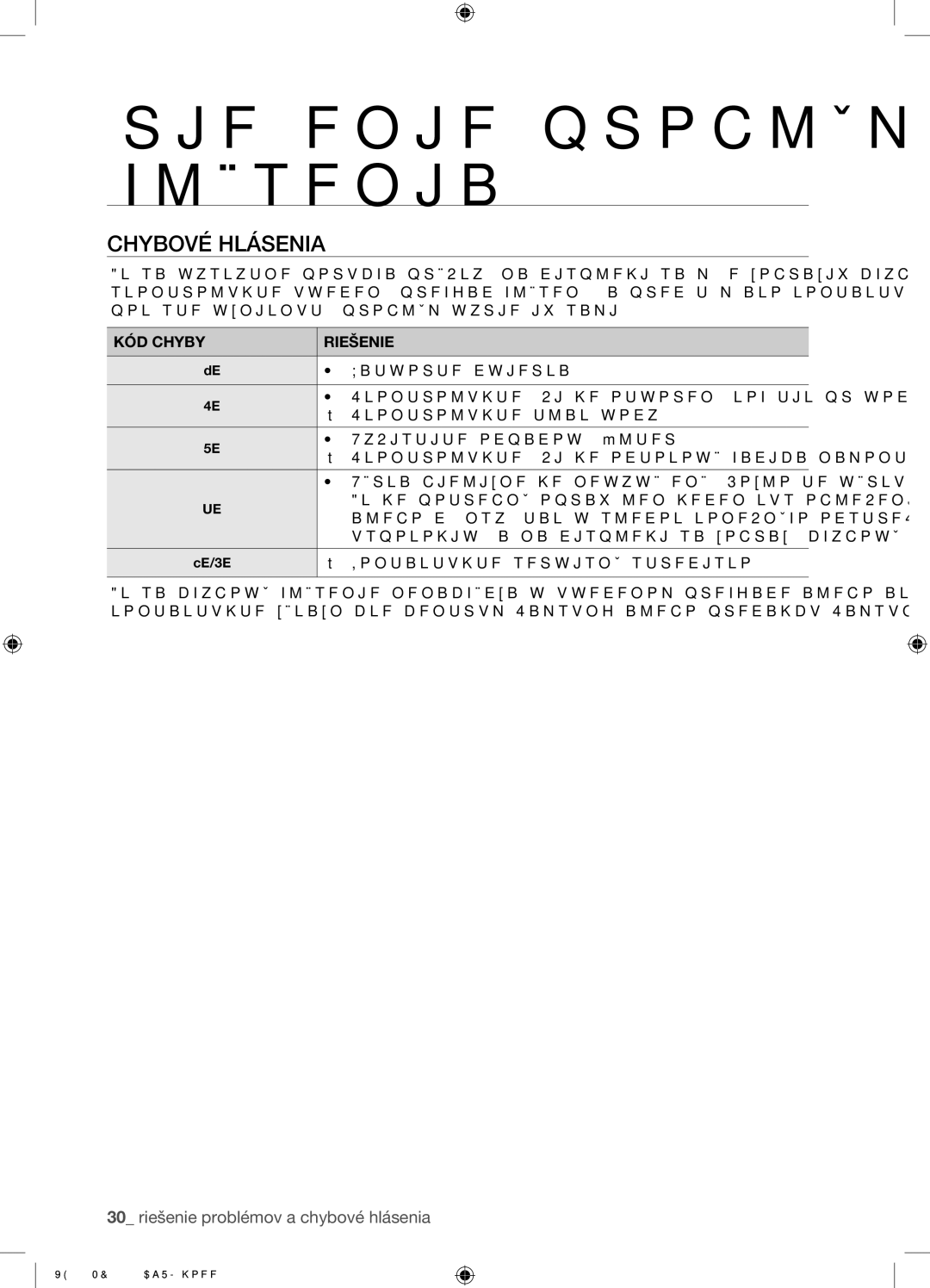 Samsung WF8702NDW/XEH manual Chybové Hlásenia, KÓD Chyby Riešenie 