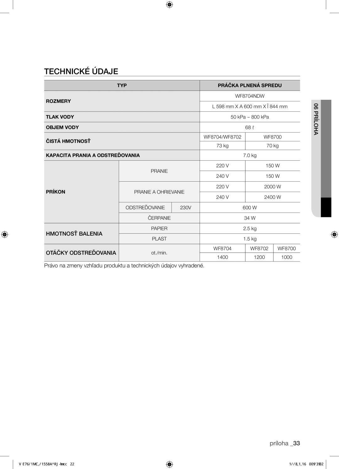 Samsung WF8702NDW/XEH manual Príloha 