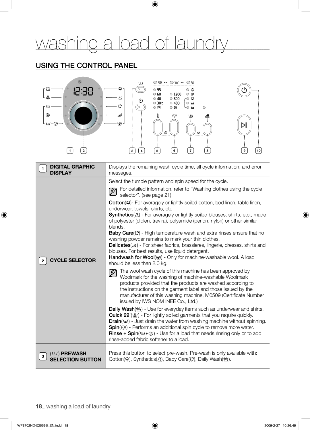 Samsung WF8702NDW/XEH Using the Control Panel, Prewash, Selection Button, Cotton , Synthetics , Baby Care , Daily Wash 