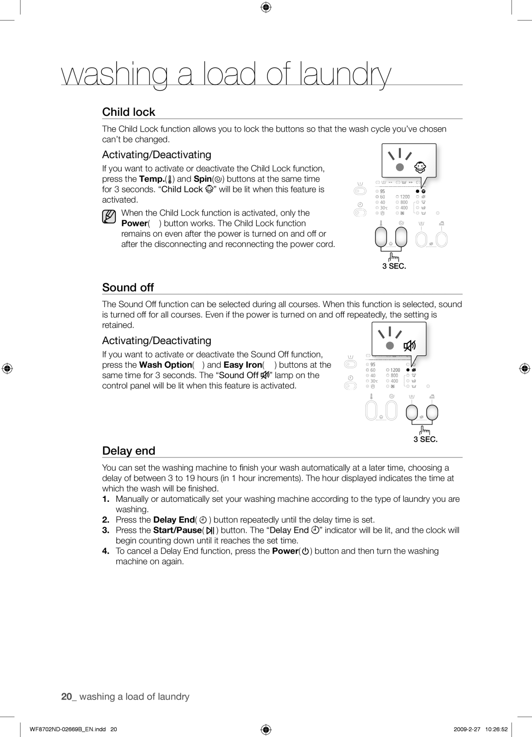 Samsung WF8702NDW/XEH manual Sound off, Activating/Deactivating 