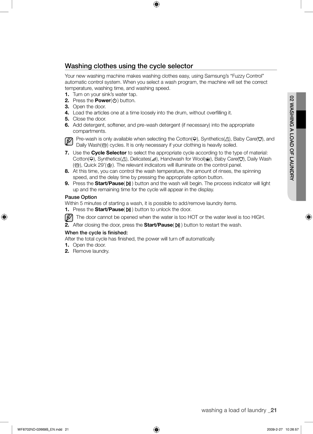 Samsung WF8702NDW/XEH manual Washing clothes using the cycle selector 