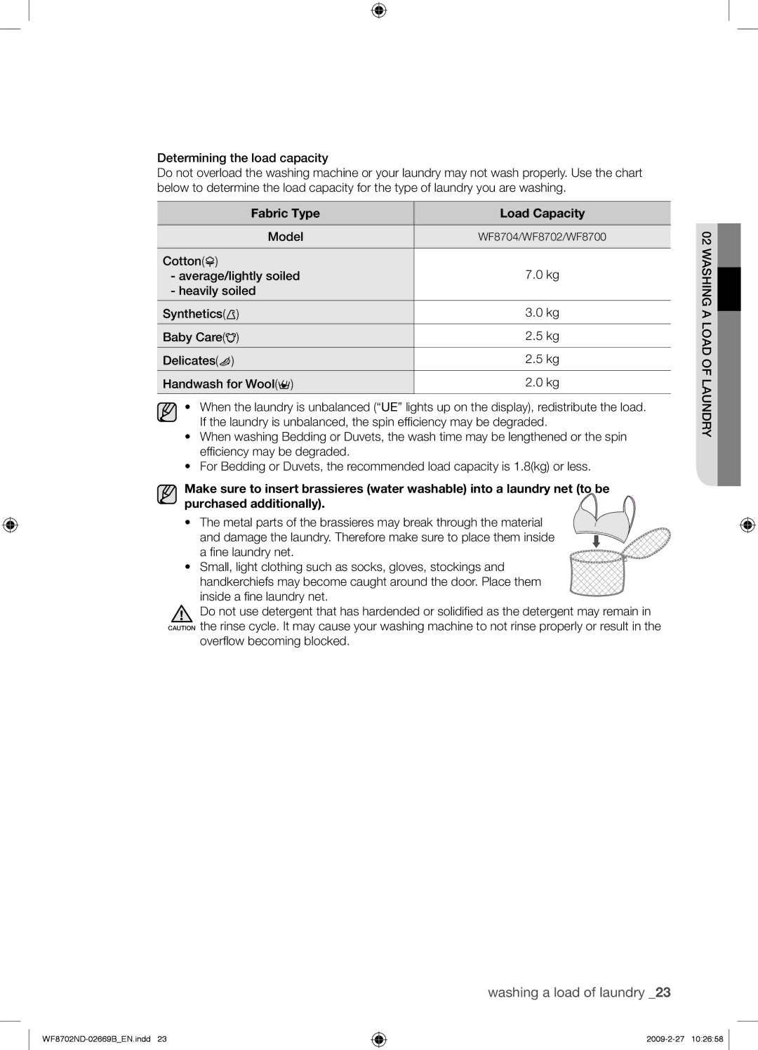 Samsung WF8702NDW/XEH manual Model, Overﬂow becoming blocked 