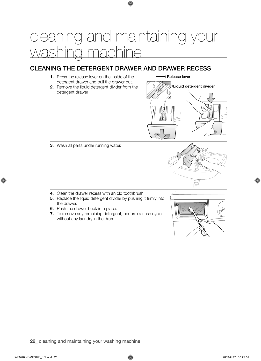 Samsung WF8702NDW/XEH manual Cleaning the Detergent Drawer and Drawer Recess 