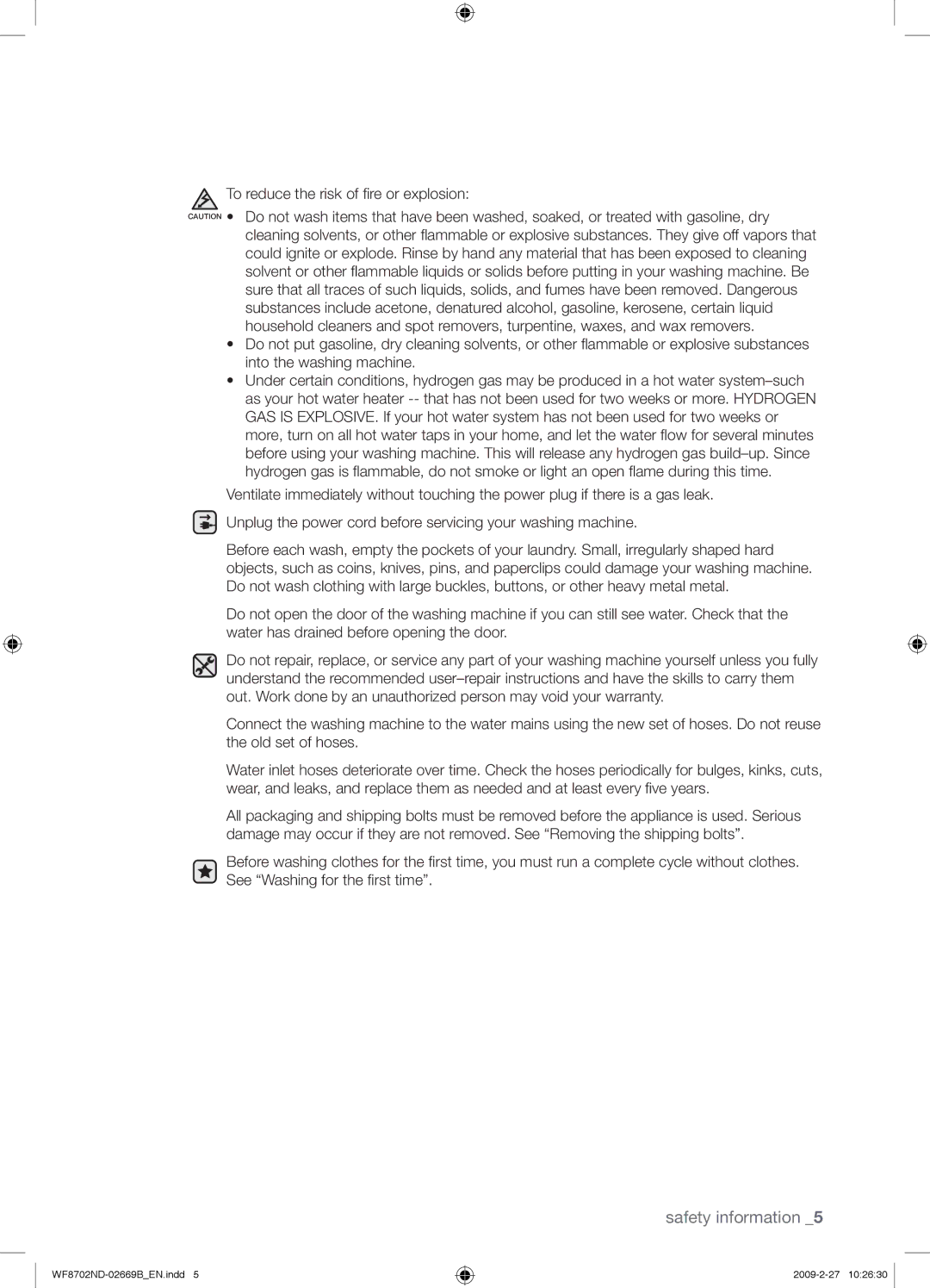 Samsung WF8702NDW/XEH manual Safety information 