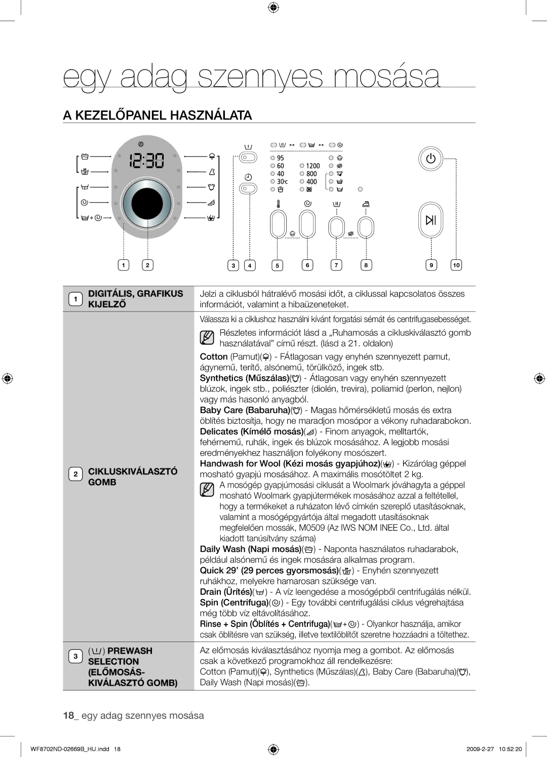 Samsung WF8702NDW/XEH manual Kezelőpanel Használata, Cikluskiválasztó, Selection Előmosás Kiválasztó Gomb 