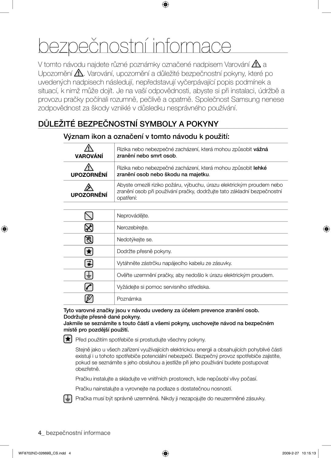 Samsung WF8702NDW/XEH manual Bezpečnostní informace, Důležité Bezpečnostní Symboly a Pokyny, Varování, Upozornění 