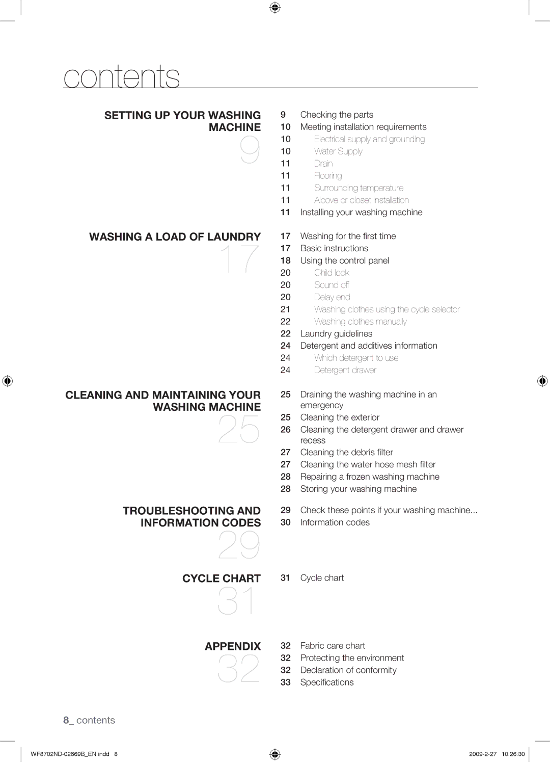 Samsung WF8702NDW/XEH manual Contents 