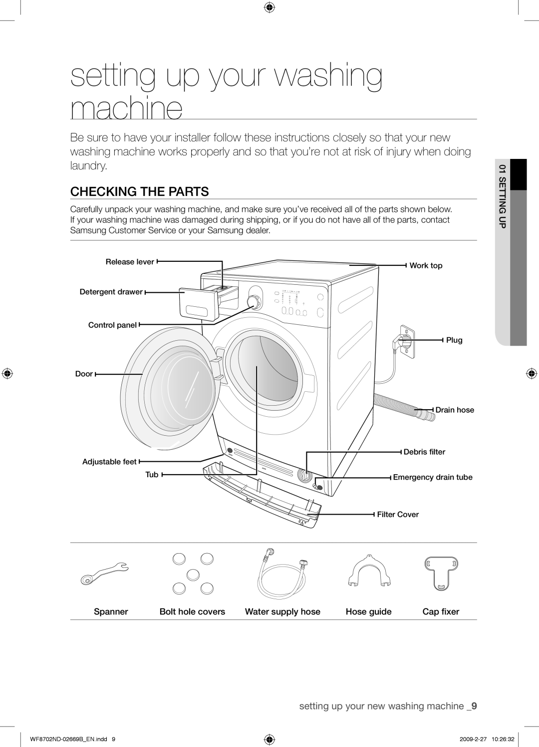 Samsung WF8702NDW/XEH manual Setting up your washing machine, Checking the Parts 